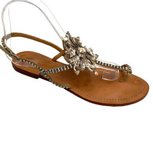 Maliparmi Sandal T-Strap Flat Leather Embellished Thong Sequin Rock Bead…